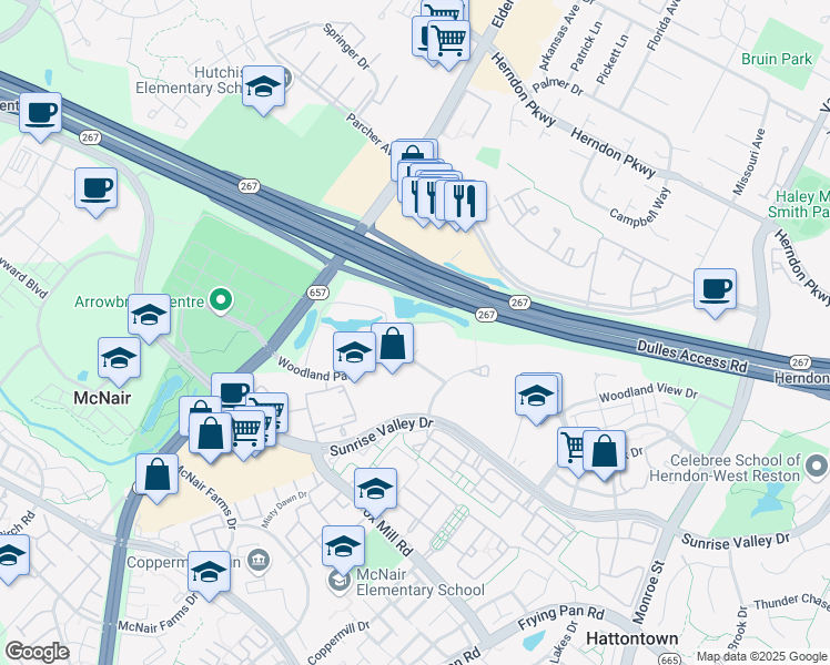 map of restaurants, bars, coffee shops, grocery stores, and more near 2201 Cooperative Way in Herndon