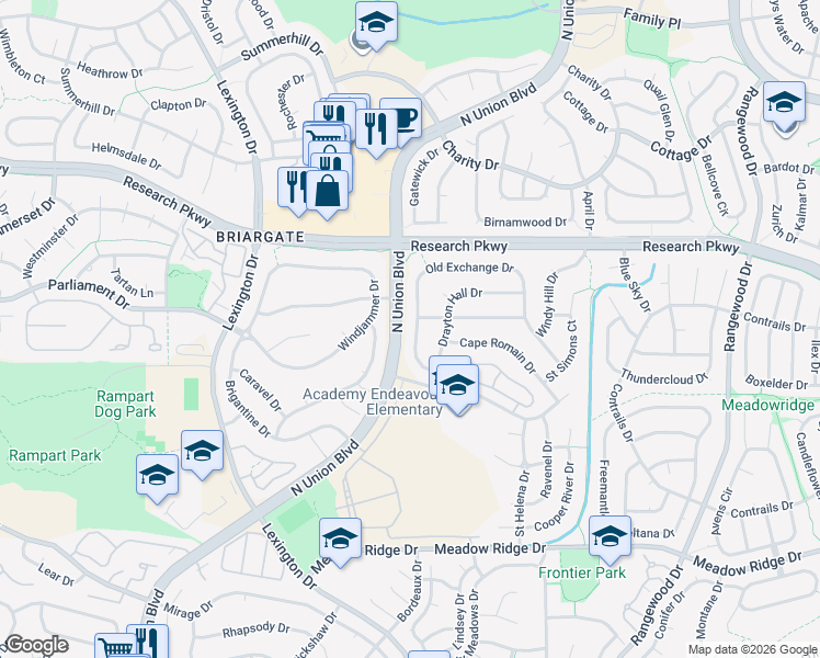 map of restaurants, bars, coffee shops, grocery stores, and more near 8090 Drayton Hall Drive in Colorado Springs