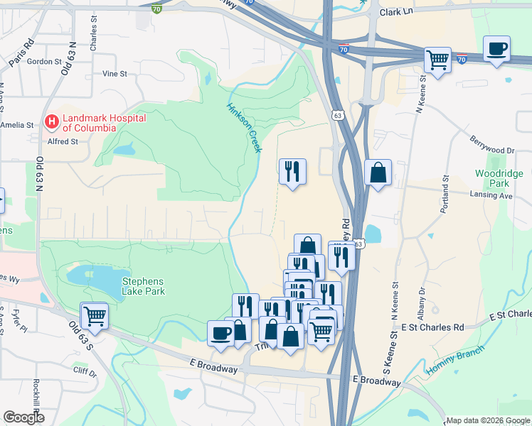 map of restaurants, bars, coffee shops, grocery stores, and more near 2703 East Walnut Street in Columbia