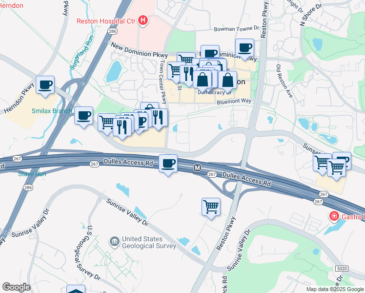 map of restaurants, bars, coffee shops, grocery stores, and more near 2000 Opportunity Way in Reston