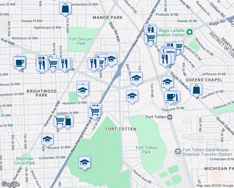 map of restaurants, bars, coffee shops, grocery stores, and more near 5230 North Capitol Street Northwest in Washington