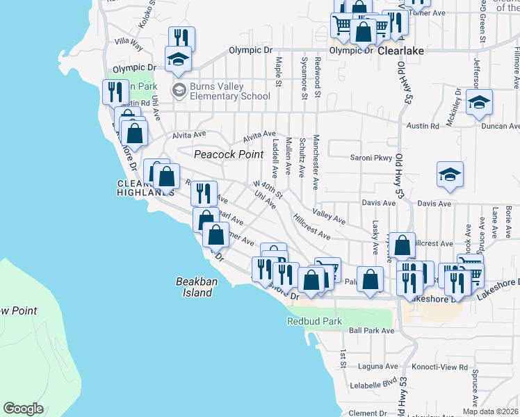 map of restaurants, bars, coffee shops, grocery stores, and more near 3995 Mullen Avenue in Clearlake