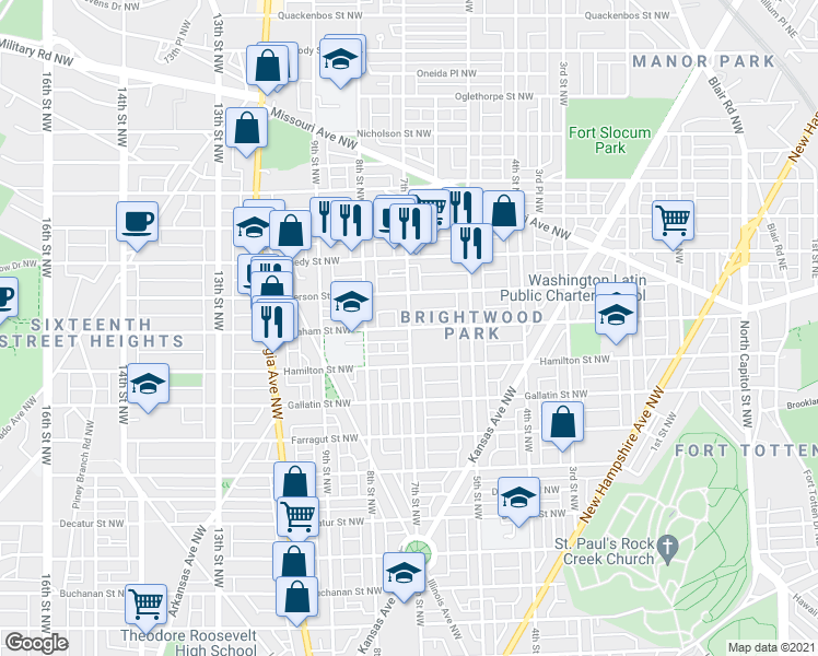 map of restaurants, bars, coffee shops, grocery stores, and more near 7th St NW & Ingraham St NW in Washington