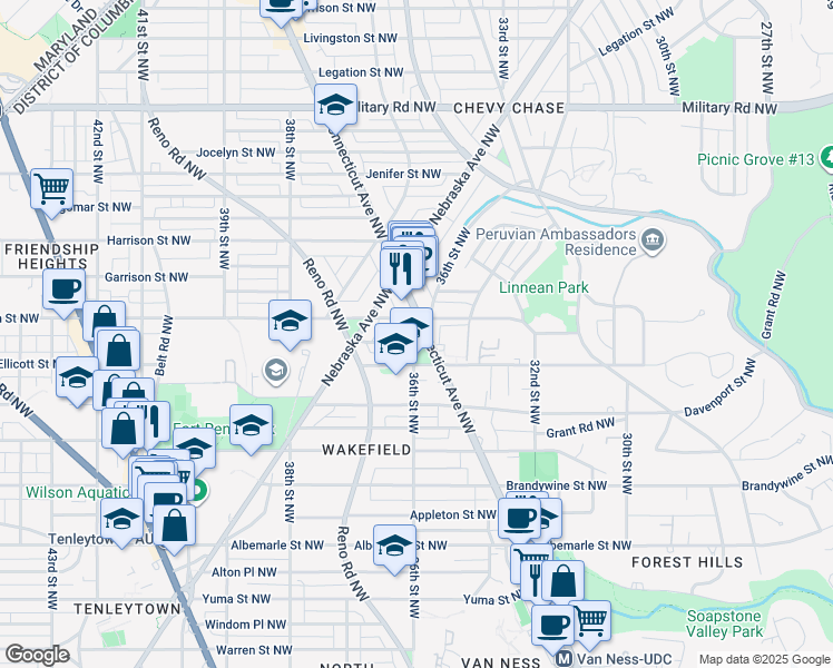 map of restaurants, bars, coffee shops, grocery stores, and more near 4930 Connecticut Avenue Northwest in Washington