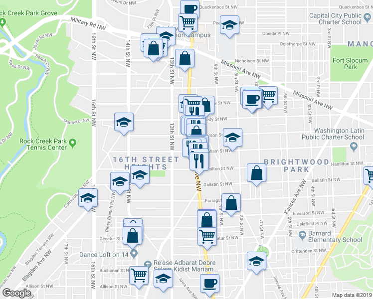 map of restaurants, bars, coffee shops, grocery stores, and more near 1215 Ingraham Street Northwest in Washington
