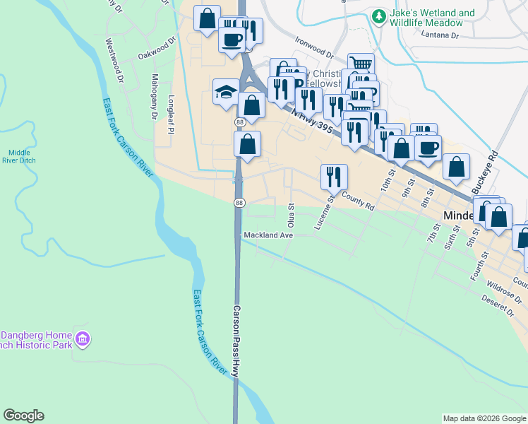 map of restaurants, bars, coffee shops, grocery stores, and more near 1690 Mackland Avenue in Minden