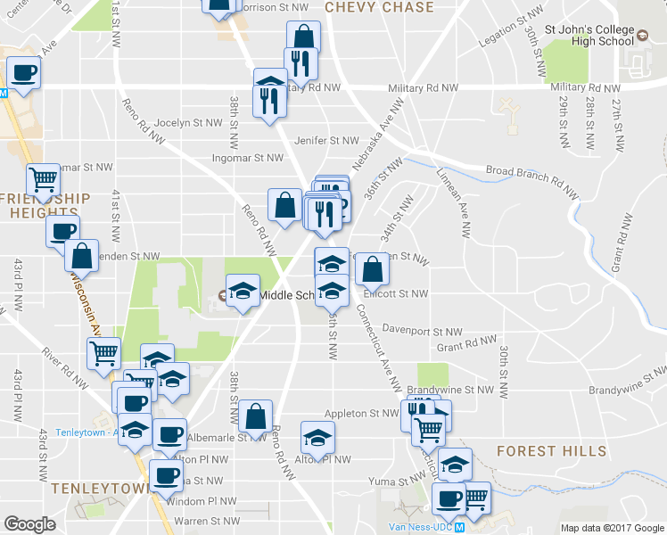 map of restaurants, bars, coffee shops, grocery stores, and more near 4930 Connecticut Avenue Northwest in Washington