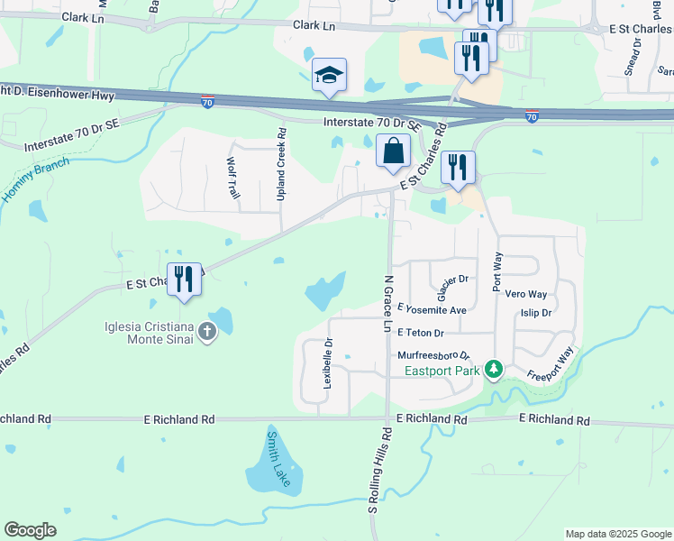 map of restaurants, bars, coffee shops, grocery stores, and more near 5110-5134 St Charles Rd in Columbia