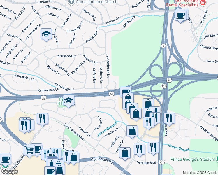 map of restaurants, bars, coffee shops, grocery stores, and more near 12800 Kernel Circle in Bowie