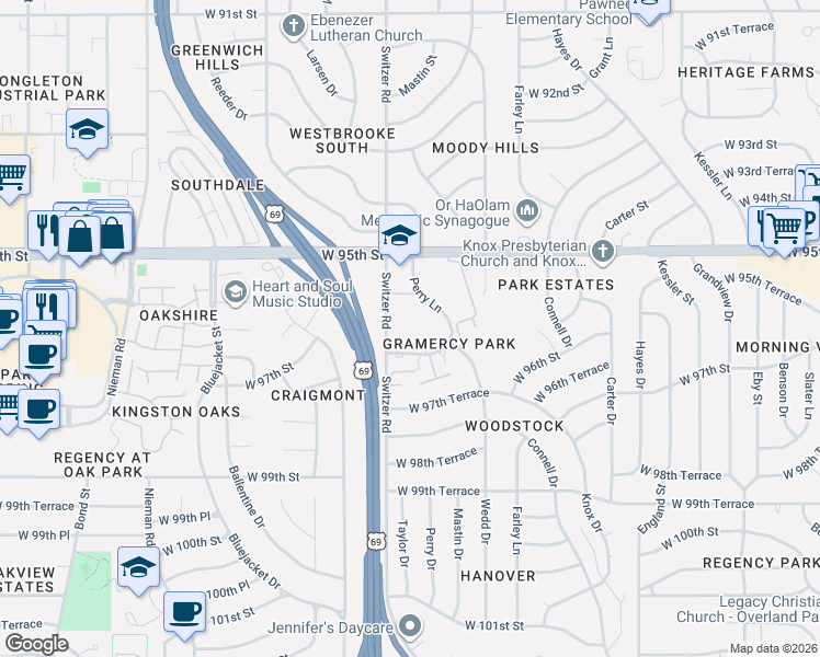 map of restaurants, bars, coffee shops, grocery stores, and more near 10252 West 96th Street in Overland Park