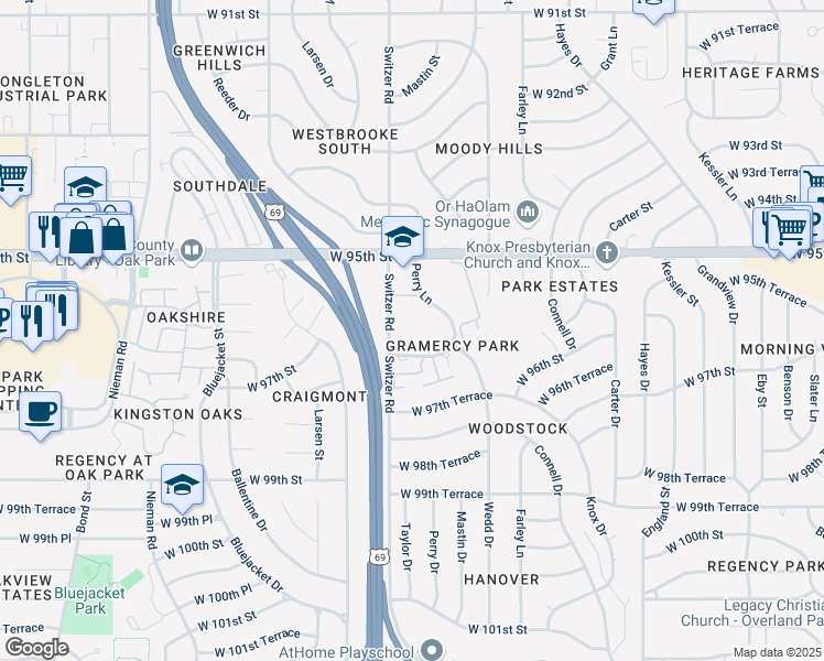map of restaurants, bars, coffee shops, grocery stores, and more near 10252 West 96th Street in Overland Park