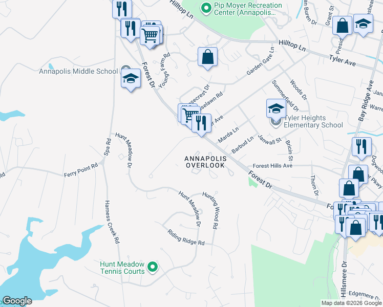 map of restaurants, bars, coffee shops, grocery stores, and more near 40 Hearthstone Court in Annapolis