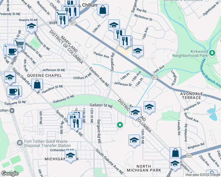 map of restaurants, bars, coffee shops, grocery stores, and more near 5400 Sargent Road in Hyattsville