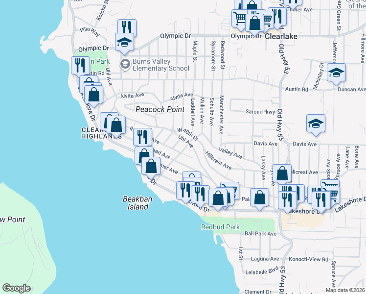 map of restaurants, bars, coffee shops, grocery stores, and more near 3995 Mullen Avenue in Clearlake