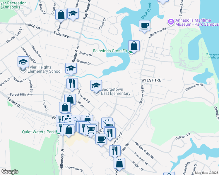 map of restaurants, bars, coffee shops, grocery stores, and more near 40 Windwhisper Lane in Annapolis