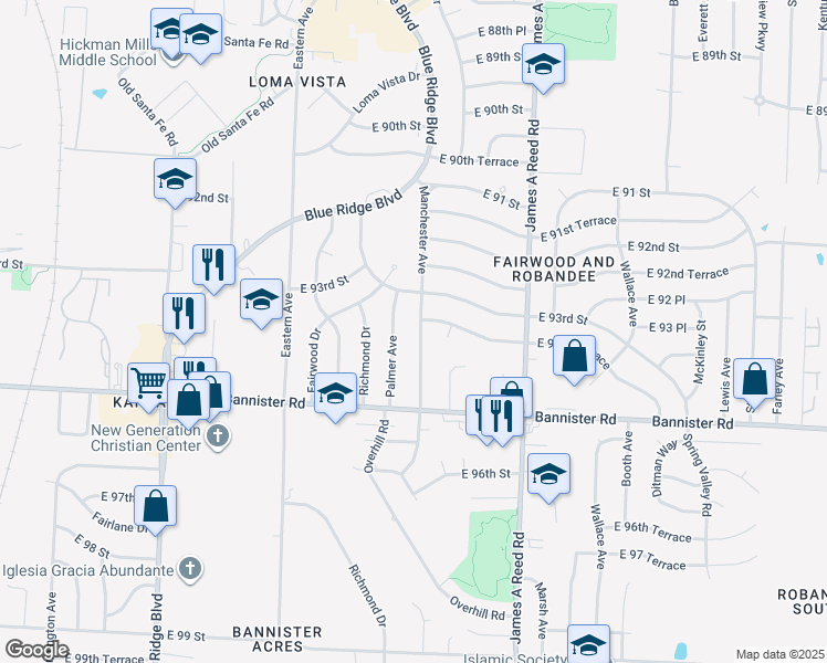 map of restaurants, bars, coffee shops, grocery stores, and more near 9307 Palmer Avenue in Kansas City