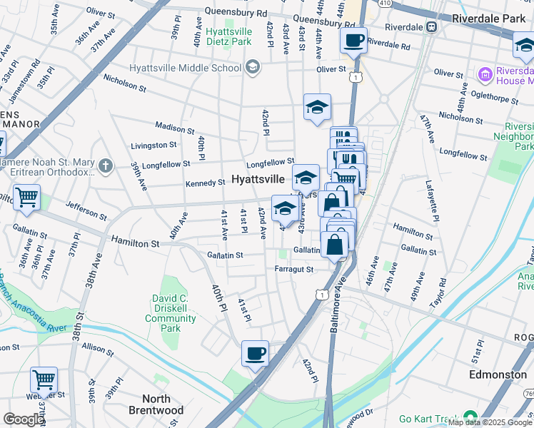 map of restaurants, bars, coffee shops, grocery stores, and more near 5311 42nd Avenue in Hyattsville