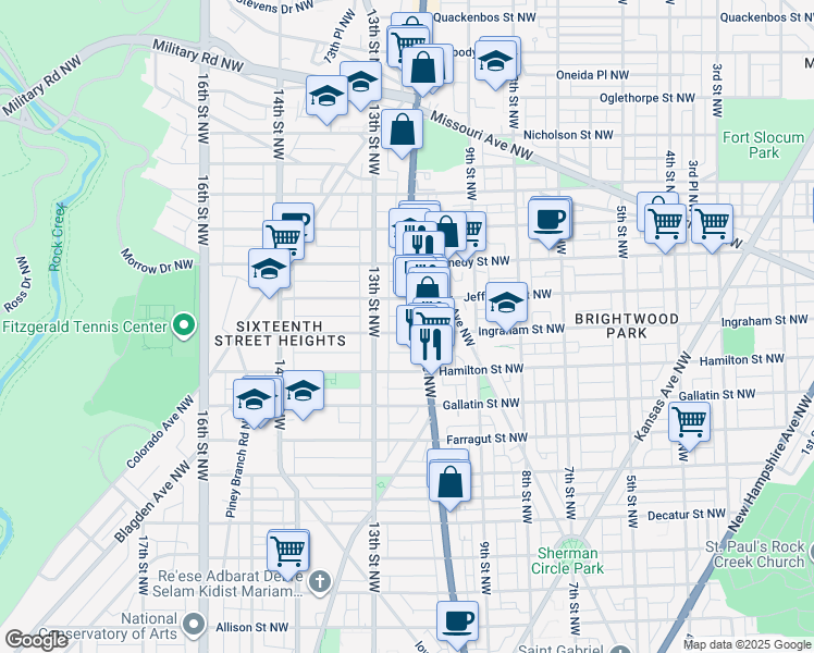 map of restaurants, bars, coffee shops, grocery stores, and more near 1215 Ingraham Street Northwest in Washington