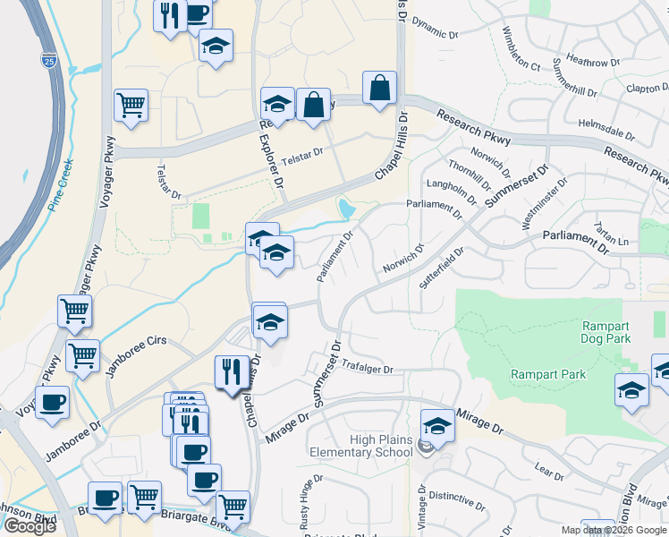 map of restaurants, bars, coffee shops, grocery stores, and more near 8458 Grand Carriage Drive in Colorado Springs