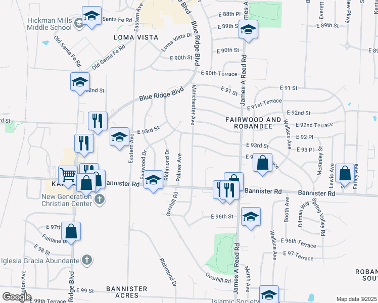 map of restaurants, bars, coffee shops, grocery stores, and more near 9307 Palmer Avenue in Kansas City