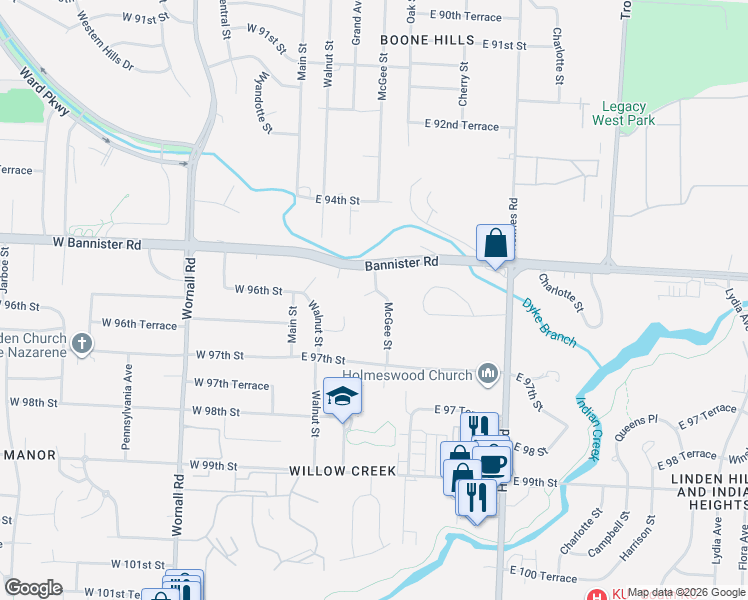 map of restaurants, bars, coffee shops, grocery stores, and more near 223 Bannister Road in Kansas City