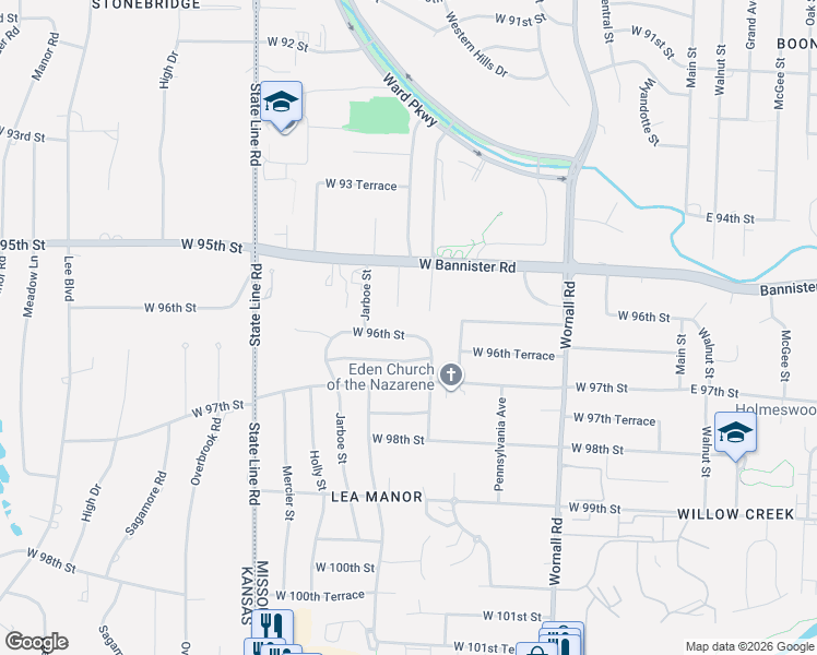 map of restaurants, bars, coffee shops, grocery stores, and more near 9519 Belleview Avenue in Kansas City