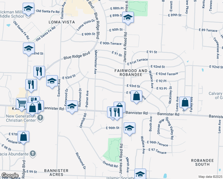 map of restaurants, bars, coffee shops, grocery stores, and more near 8004 East 93rd Terrace in Kansas City