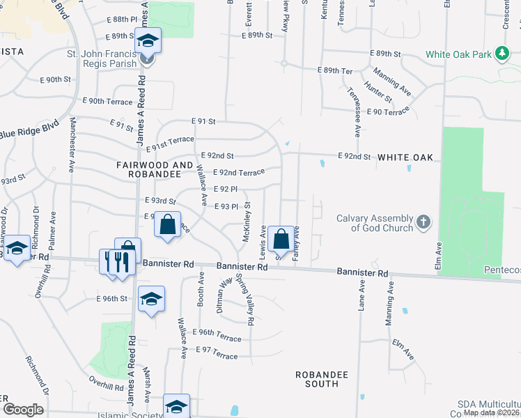 map of restaurants, bars, coffee shops, grocery stores, and more near 8707 East 92 Place in Kansas City