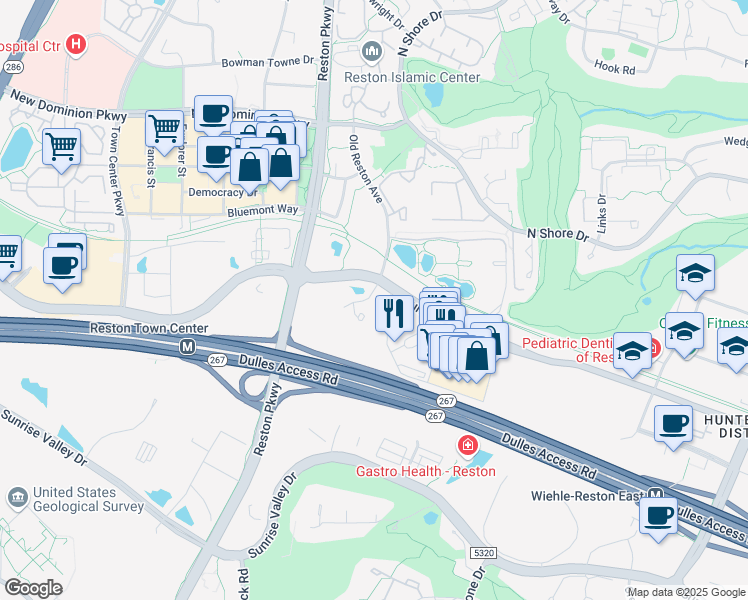 map of restaurants, bars, coffee shops, grocery stores, and more near 1899 Oracle Way in Reston
