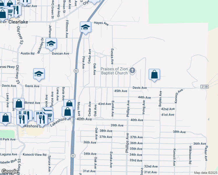 map of restaurants, bars, coffee shops, grocery stores, and more near 15755 Davis Avenue in Clearlake