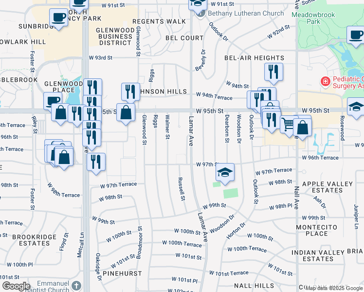 map of restaurants, bars, coffee shops, grocery stores, and more near 9600 Lamar Avenue in Overland Park