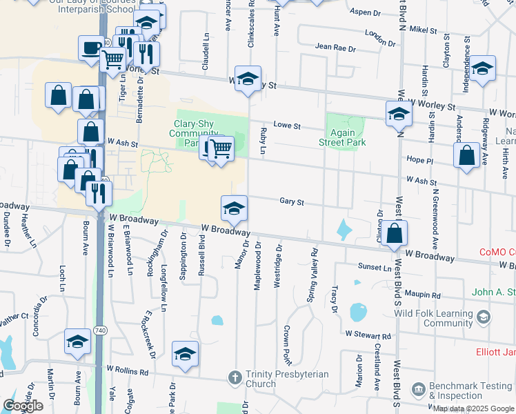 map of restaurants, bars, coffee shops, grocery stores, and more near 1507 Gary Street in Columbia