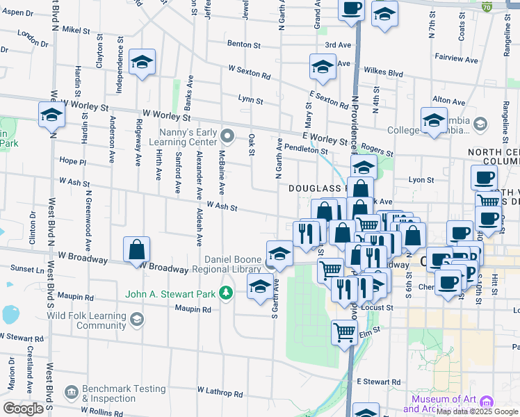 map of restaurants, bars, coffee shops, grocery stores, and more near 111 West Ash Street in Columbia