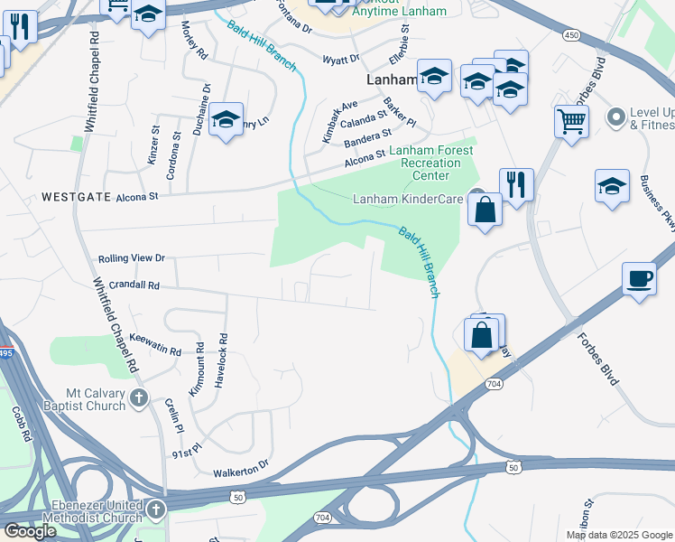map of restaurants, bars, coffee shops, grocery stores, and more near 9208 Cooks Point Court in Lanham