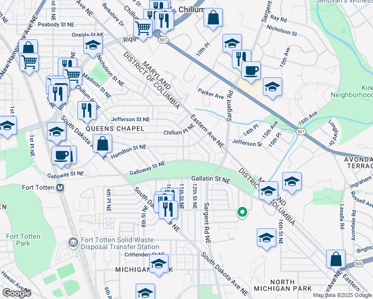 map of restaurants, bars, coffee shops, grocery stores, and more near 5113 11th Street Northeast in Washington