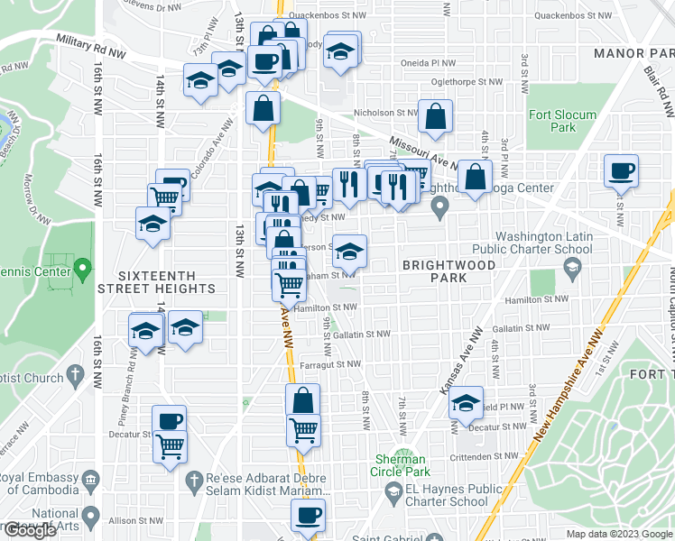 map of restaurants, bars, coffee shops, grocery stores, and more near 829 Ingraham Street Northwest in Washington