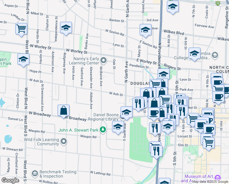 map of restaurants, bars, coffee shops, grocery stores, and more near 119 West Ash Street in Columbia