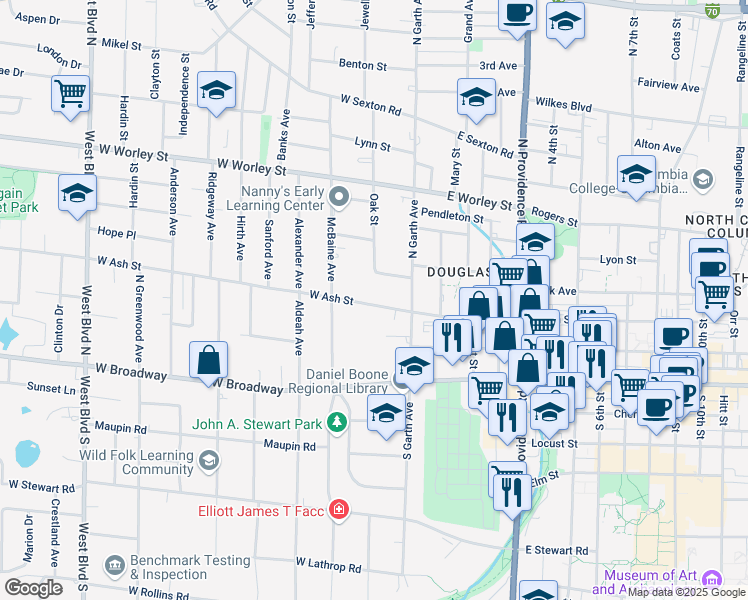 map of restaurants, bars, coffee shops, grocery stores, and more near 119 West Ash Street in Columbia