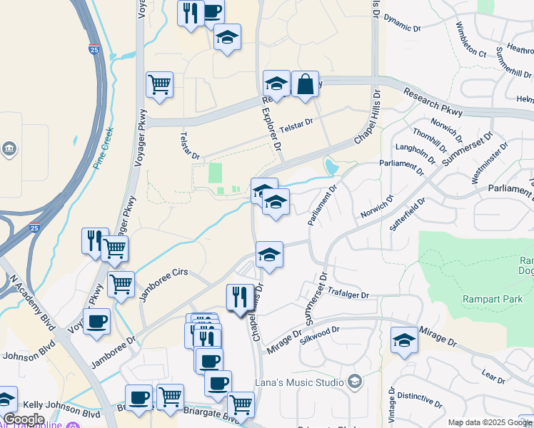 map of restaurants, bars, coffee shops, grocery stores, and more near 1110 Chapel Hills Drive in Colorado Springs