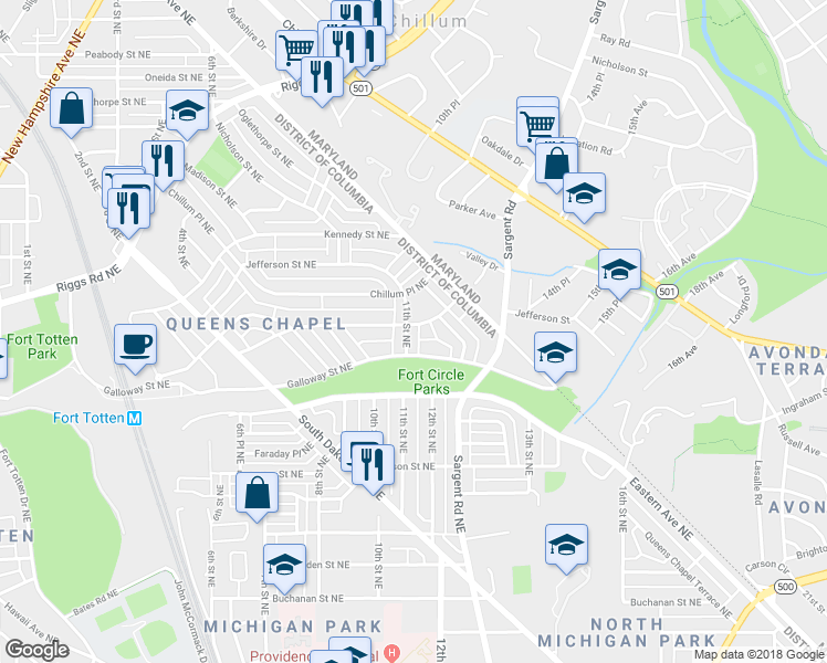 map of restaurants, bars, coffee shops, grocery stores, and more near 5113 11th Street Northeast in Washington