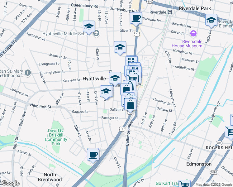 map of restaurants, bars, coffee shops, grocery stores, and more near 5311 43rd Avenue in Hyattsville