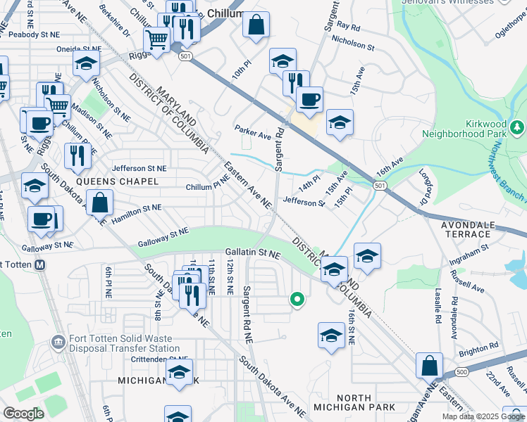 map of restaurants, bars, coffee shops, grocery stores, and more near 5178 Eastern Avenue Northeast in Washington