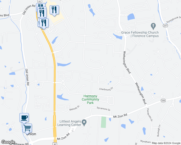 map of restaurants, bars, coffee shops, grocery stores, and more near 9710 Soaring Breezes in Union