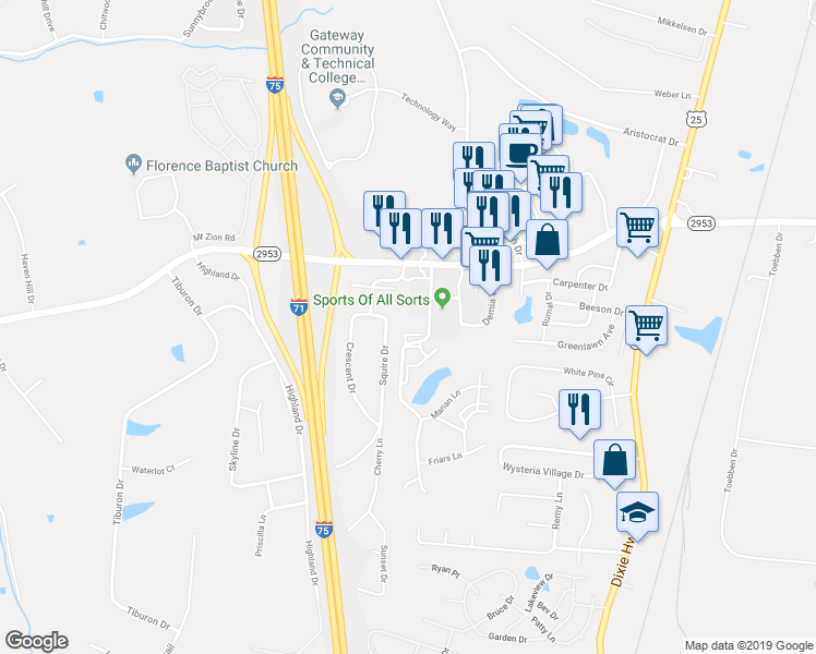 map of restaurants, bars, coffee shops, grocery stores, and more near 413 Poinsetta Court in Florence