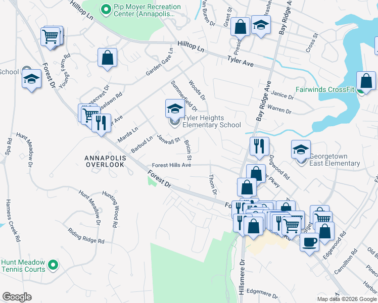 map of restaurants, bars, coffee shops, grocery stores, and more near 4 Bricin Street in Annapolis