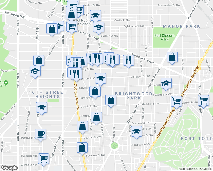 map of restaurants, bars, coffee shops, grocery stores, and more near 715 Ingraham Street Northwest in Washington