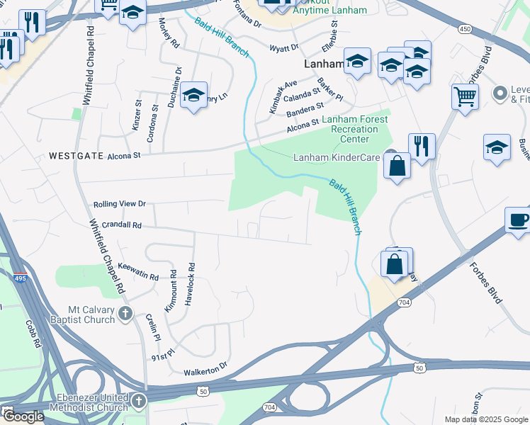 map of restaurants, bars, coffee shops, grocery stores, and more near 4704 Cooks Point Court in Lanham