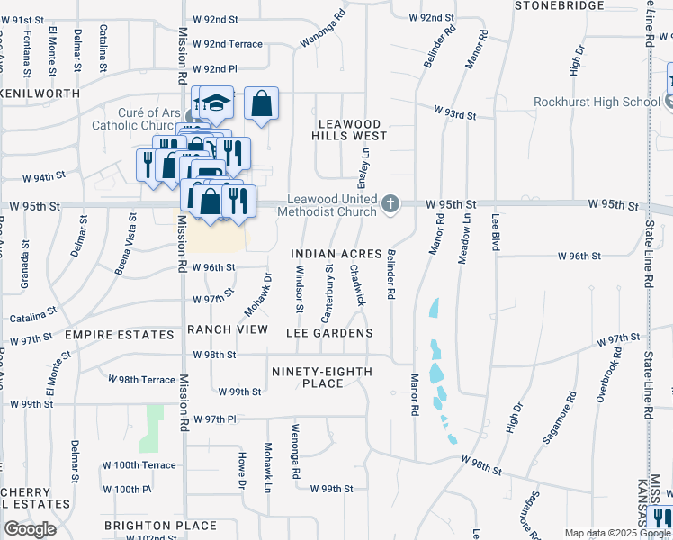 map of restaurants, bars, coffee shops, grocery stores, and more near 9535 Canterbury Street in Leawood