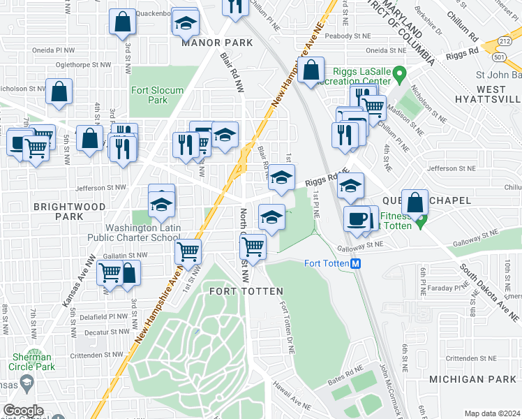 map of restaurants, bars, coffee shops, grocery stores, and more near 101 Independence Avenue Southeast in Washington