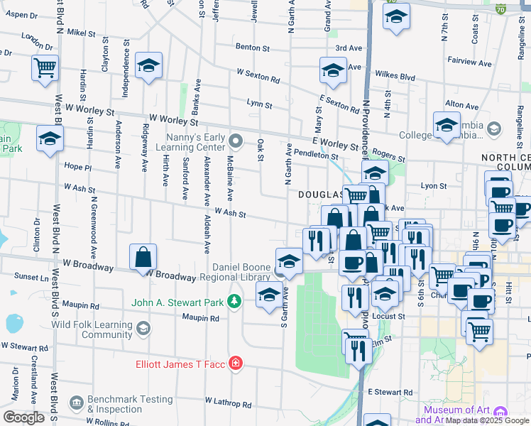 map of restaurants, bars, coffee shops, grocery stores, and more near 112 Oak Street in Columbia